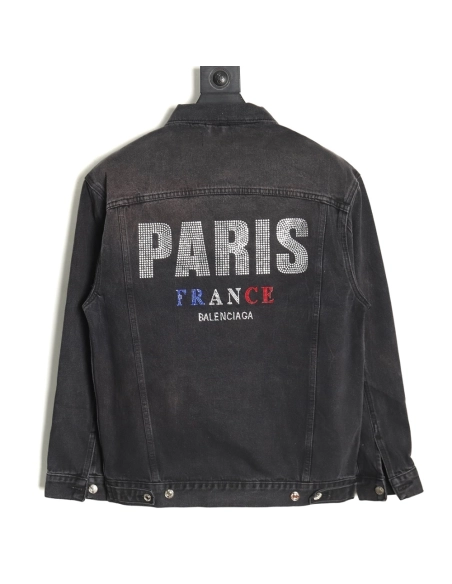 Balenciaga lettering rhinestone denim jacket,Cheap Replica Reps Balenciaga