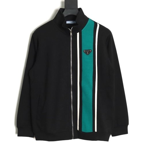 Prada side triangle logo green webbing zipper jacket,Cheap Replica Reps Prada