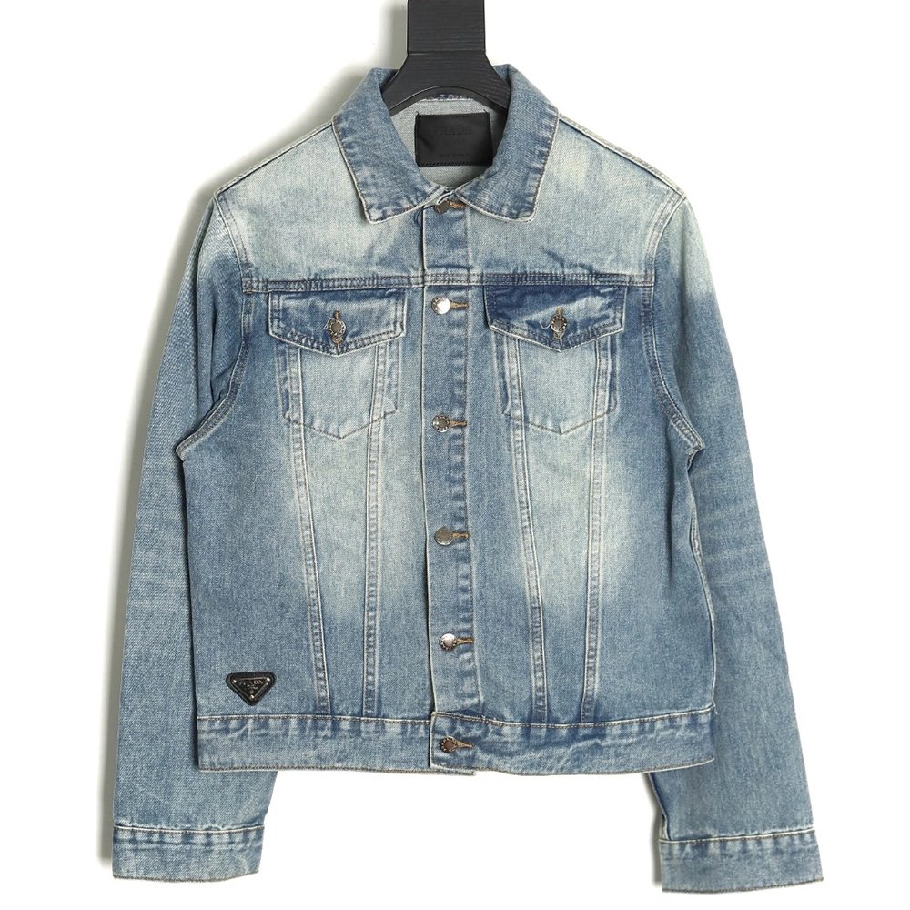 Prada triangle logo washed denim jacket,Cheap Replica Reps Prada