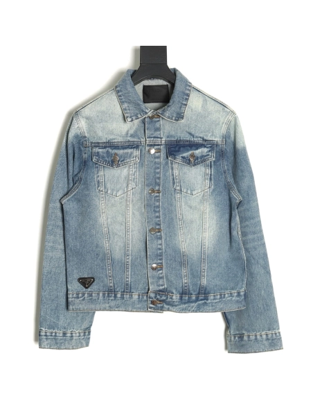 Prada triangle logo washed denim jacket,Cheap Replica Reps Prada
