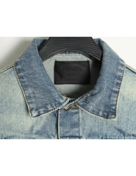 Prada triangle logo washed denim jacket,Cheap Replica Reps Prada