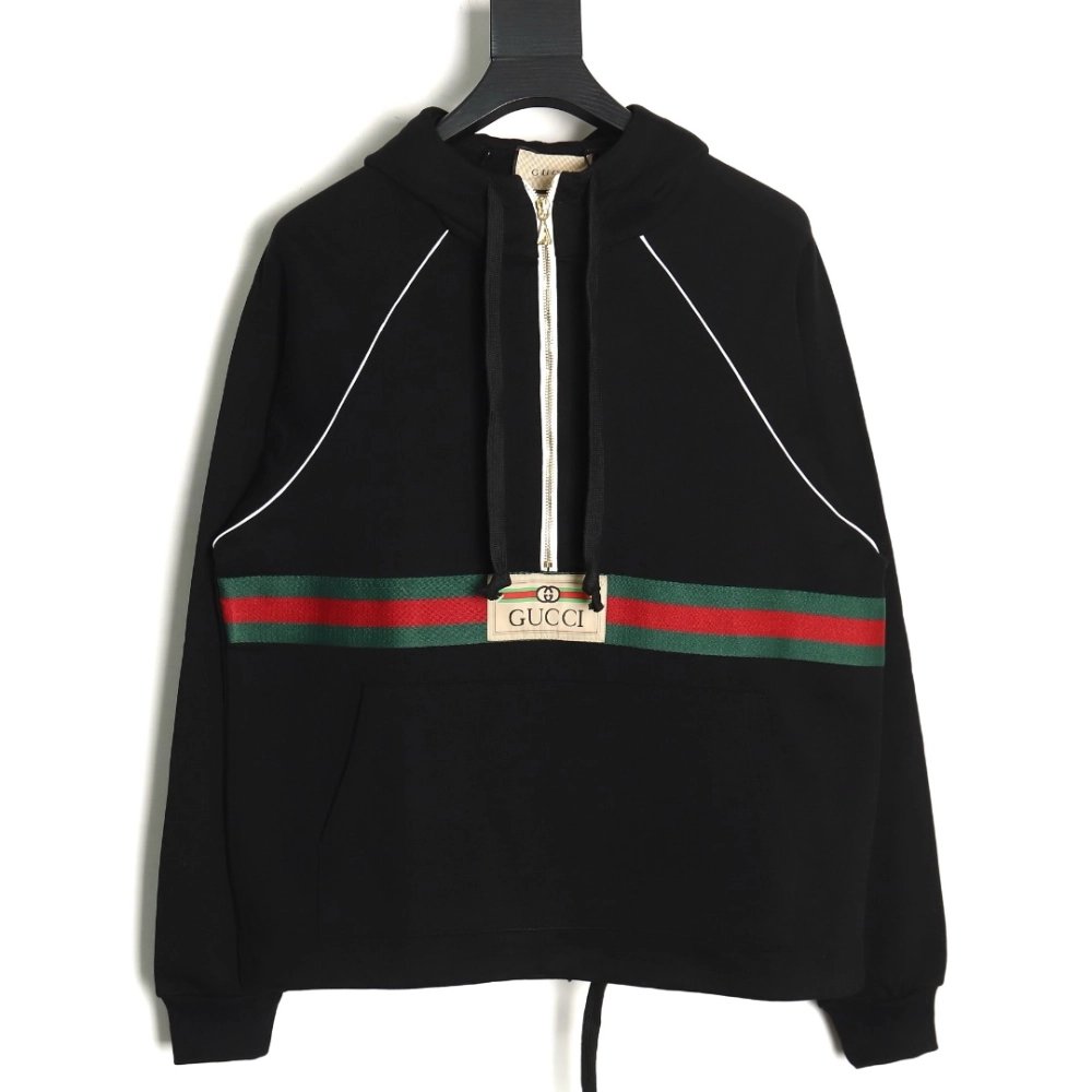 Gucci Red and Green Web Half Zip Long Sleeve Hoodie TSK1,Cheap Replica Reps Gucci