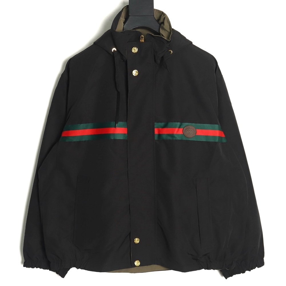 Gucci Red and Green Web Doublesided Windbreaker Hooded Jacket TSK2,Cheap Replica Reps Gucci