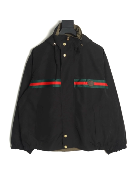 Gucci Red and Green Web Doublesided Windbreaker Hooded Jacket TSK2,Cheap Replica Reps Gucci