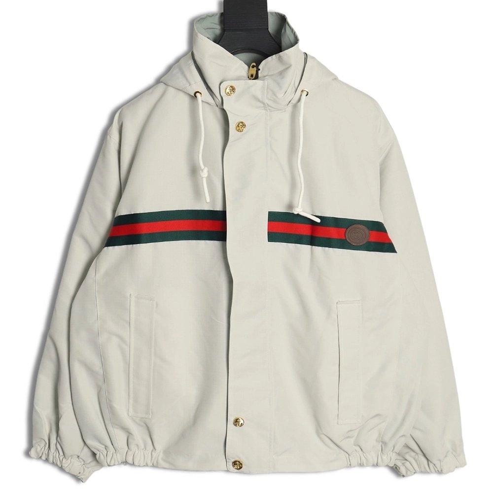 Gucci Red and Green Web Doublesided Windbreaker Hooded Jacket TSK1,Cheap Replica Reps Gucci