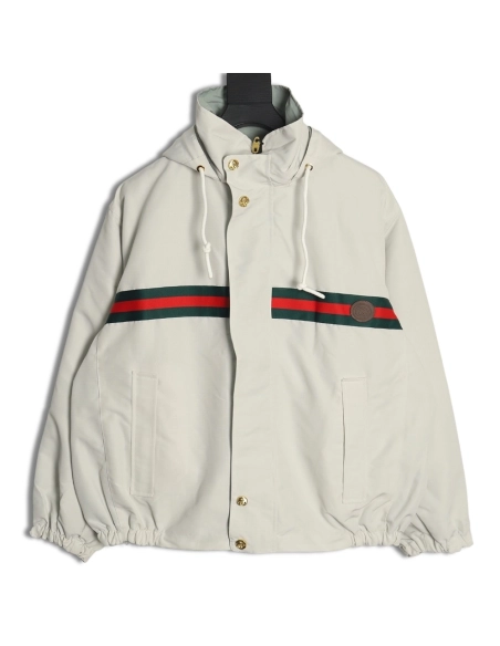 Gucci Red and Green Web Doublesided Windbreaker Hooded Jacket TSK1,Cheap Replica Reps Gucci