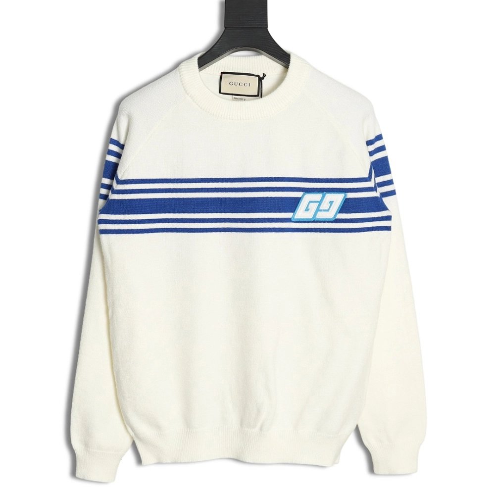 Gucci Blue Stripe Jacquard Interlocking Embroidery Sweater,Cheap Replica Reps Gucci