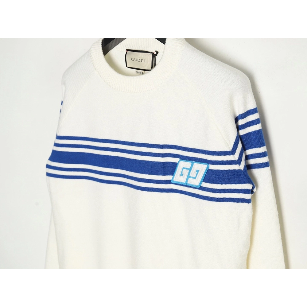 Gucci Blue Stripe Jacquard Interlocking Embroidery Sweater,Cheap Replica Reps Gucci