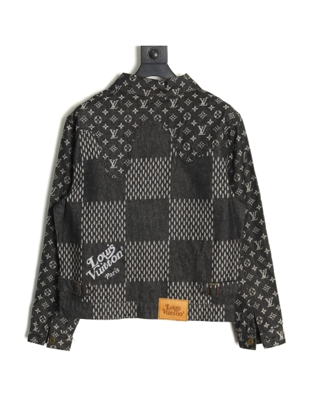 Louis Vuitton checkered floral denim longsleeved jacket TSK1,Cheap Replica Reps Louis Vuitton