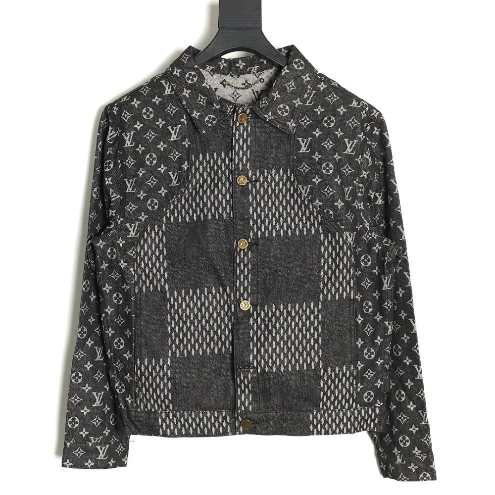 Louis Vuitton checkered floral denim longsleeved jacket TSK1,Cheap Replica Reps Louis Vuitton