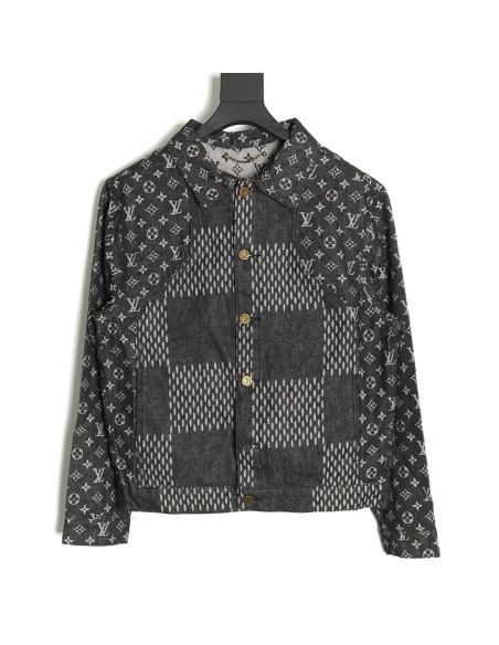 Louis Vuitton checkered floral denim longsleeved jacket TSK1,Cheap Replica Reps Louis Vuitton