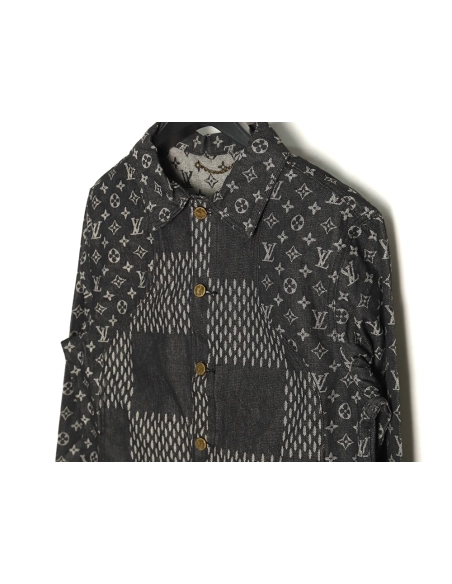 Louis Vuitton checkered floral denim longsleeved jacket TSK1,Cheap Replica Reps Louis Vuitton