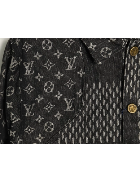 Louis Vuitton checkered floral denim longsleeved jacket TSK1,Cheap Replica Reps Louis Vuitton