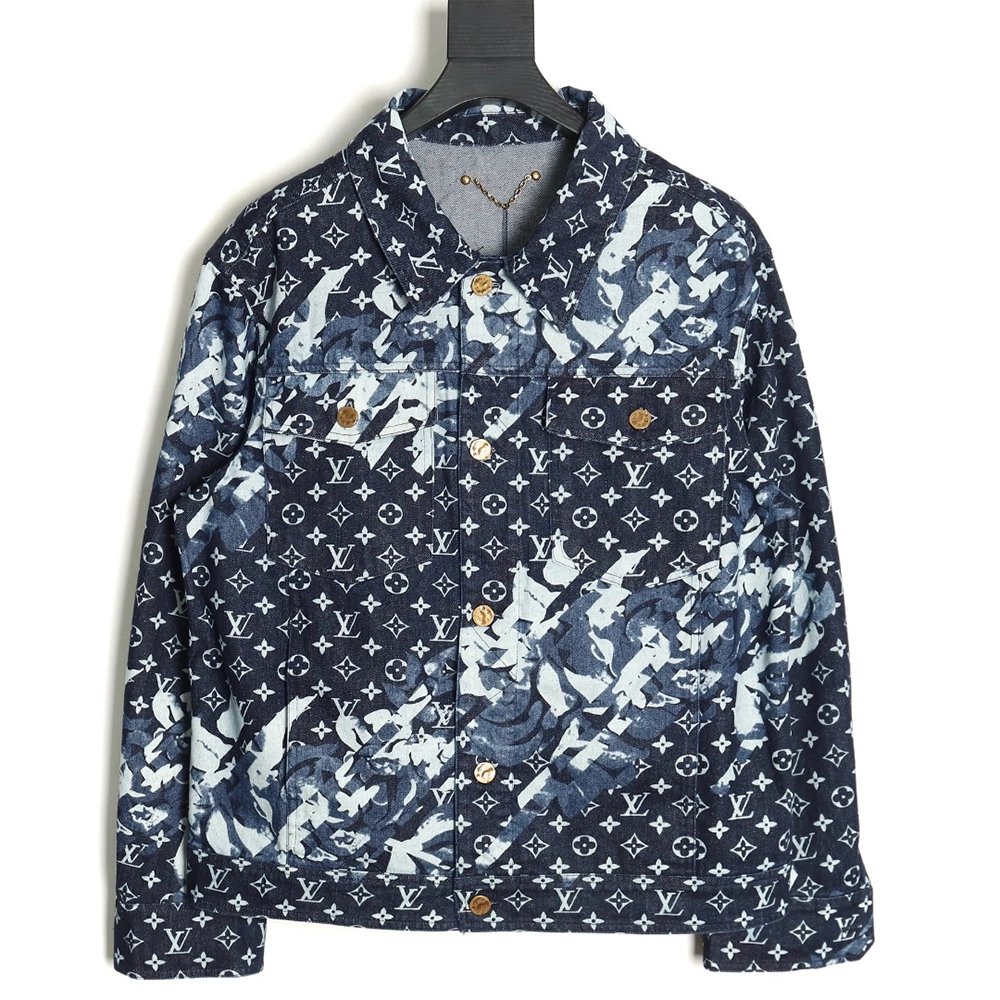 Louis Vuitton classic monogram peak collar blue denim jacket,Cheap Replica Reps Louis Vuitton