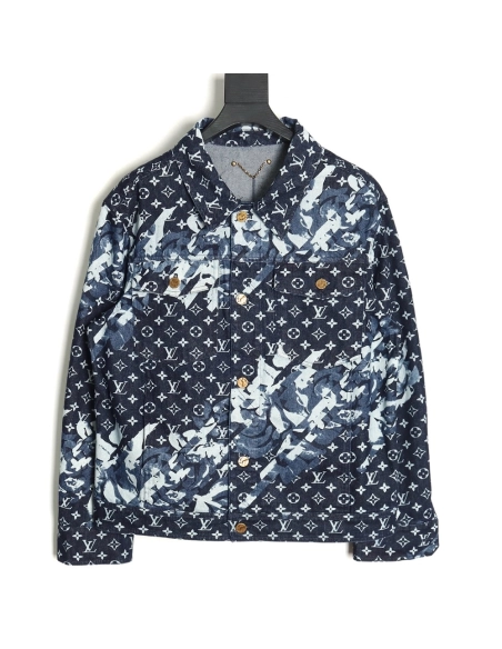 Louis Vuitton classic monogram peak collar blue denim jacket,Cheap Replica Reps Louis Vuitton