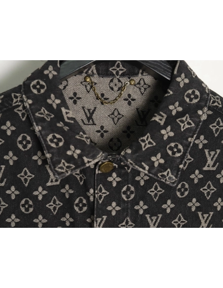 Louis Vuitton monogram print distressed denim jacket,Cheap Replica Reps Louis Vuitton