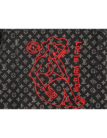 Louis Vuitton monogram print distressed denim jacket,Cheap Replica Reps Louis Vuitton