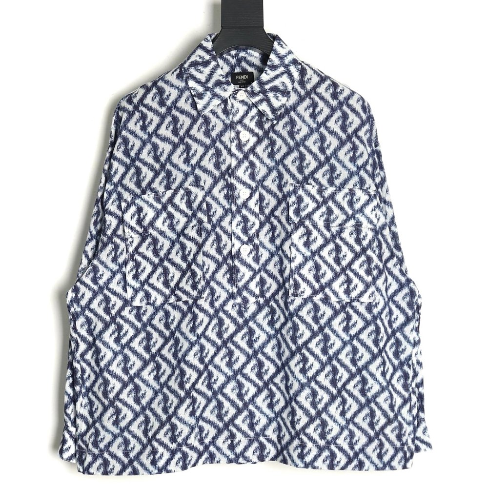Fendi blue double FF full print colorblock long sleeve shirt,Cheap Replica Reps Fendi