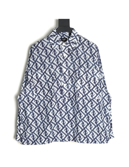 Fendi blue double FF full print colorblock long sleeve shirt,Cheap Replica Reps Fendi