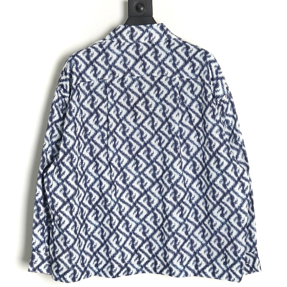 Fendi blue double FF full print colorblock long sleeve shirt,Cheap Replica Reps Fendi