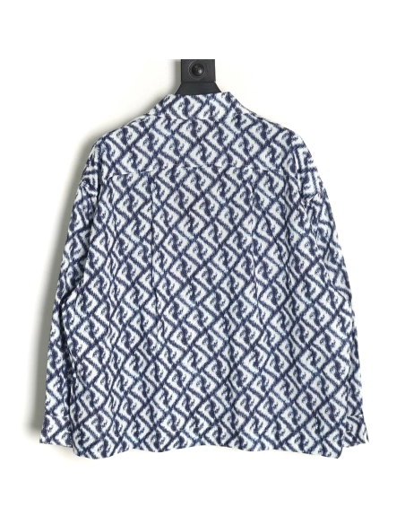 Fendi blue double FF full print colorblock long sleeve shirt,Cheap Replica Reps Fendi