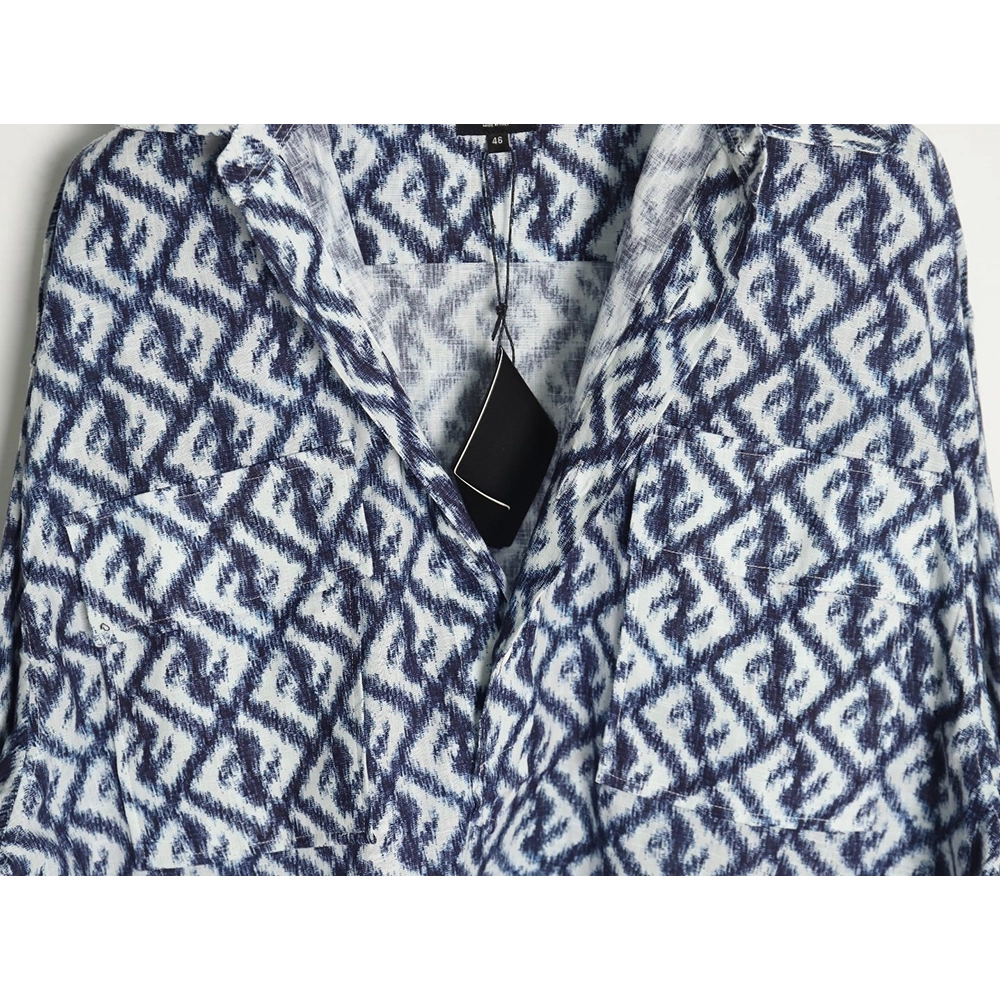 Fendi blue double FF full print colorblock long sleeve shirt,Cheap Replica Reps Fendi