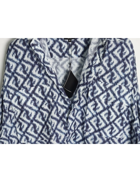 Fendi blue double FF full print colorblock long sleeve shirt,Cheap Replica Reps Fendi