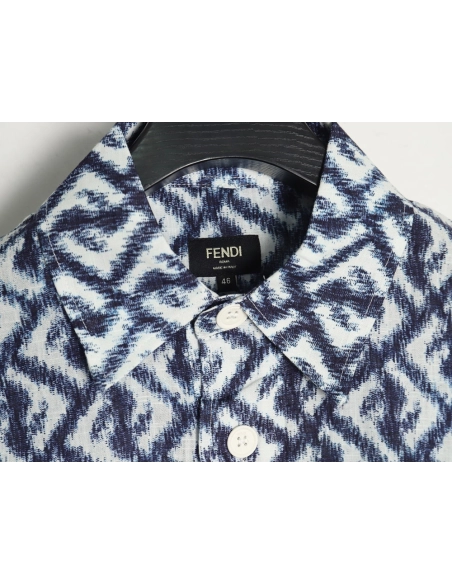 Fendi blue double FF full print colorblock long sleeve shirt,Cheap Replica Reps Fendi