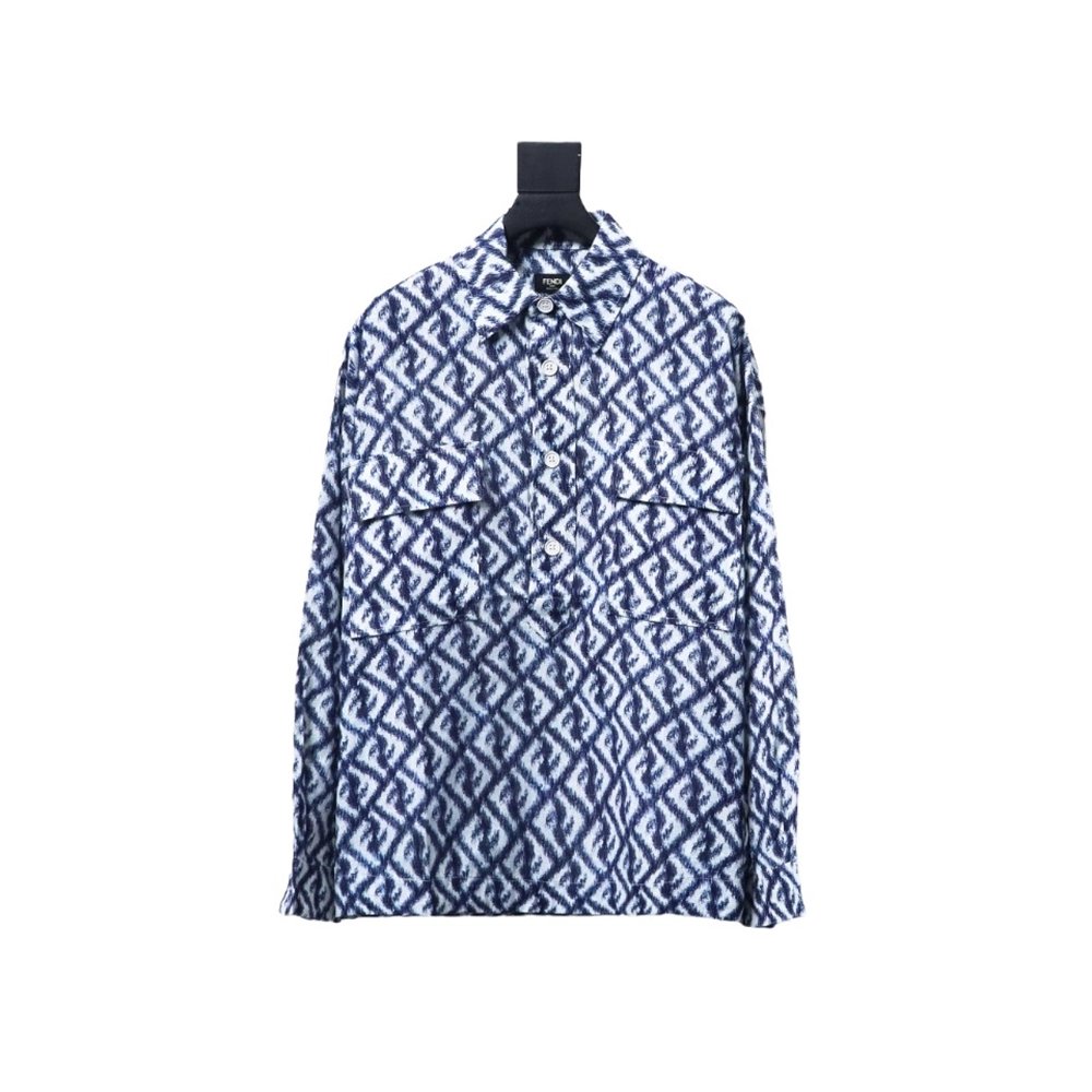 Fendi blue double FF full print colorblock long sleeve shirt,Cheap Replica Reps Fendi