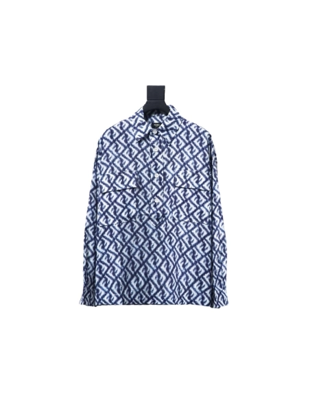 Fendi blue double FF full print colorblock long sleeve shirt,Cheap Replica Reps Fendi