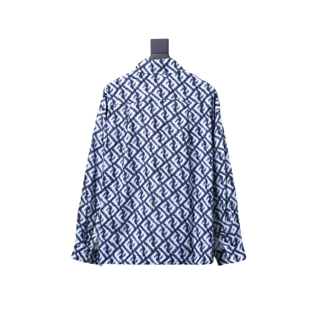 Fendi blue double FF full print colorblock long sleeve shirt,Cheap Replica Reps Fendi