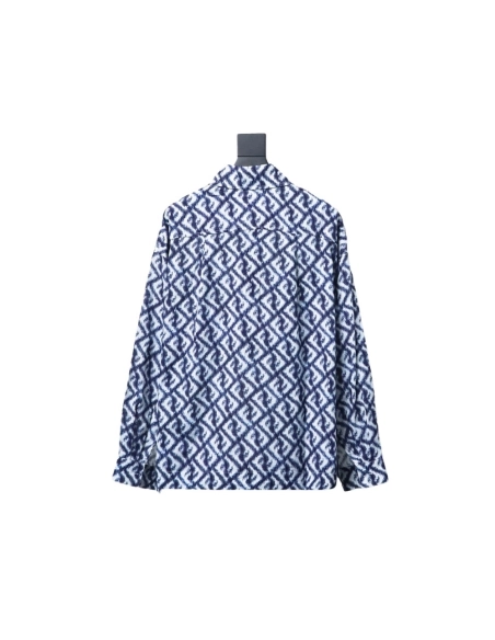 Fendi blue double FF full print colorblock long sleeve shirt,Cheap Replica Reps Fendi