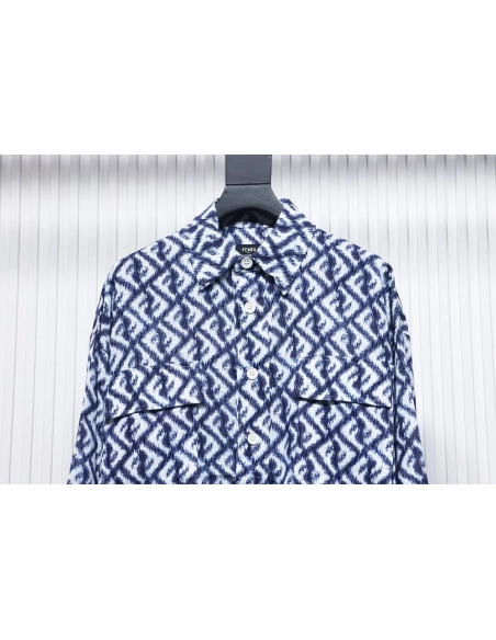 Fendi blue double FF full print colorblock long sleeve shirt,Cheap Replica Reps Fendi