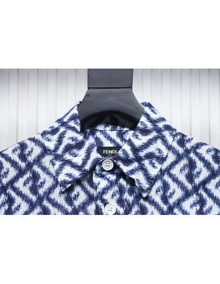 Fendi blue double FF full print colorblock long sleeve shirt,Cheap Replica Reps Fendi
