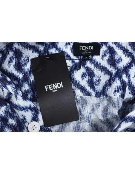 Fendi blue double FF full print colorblock long sleeve shirt,Cheap Replica Reps Fendi