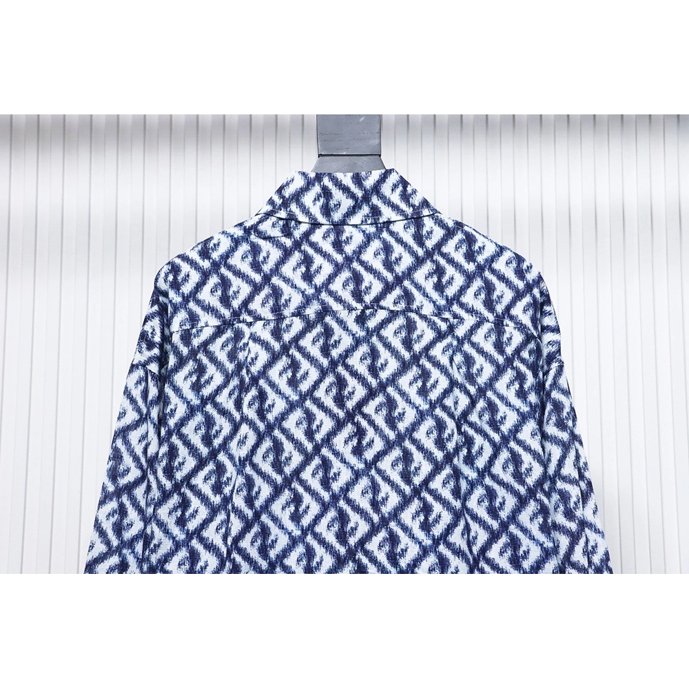 Fendi blue double FF full print colorblock long sleeve shirt,Cheap Replica Reps Fendi