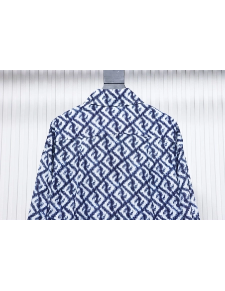 Fendi blue double FF full print colorblock long sleeve shirt,Cheap Replica Reps Fendi