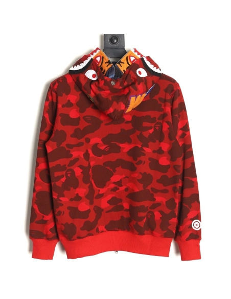 Bape shark head tiger head zipper camouflage double hoodie TSK1,Cheap Replica Reps Bape