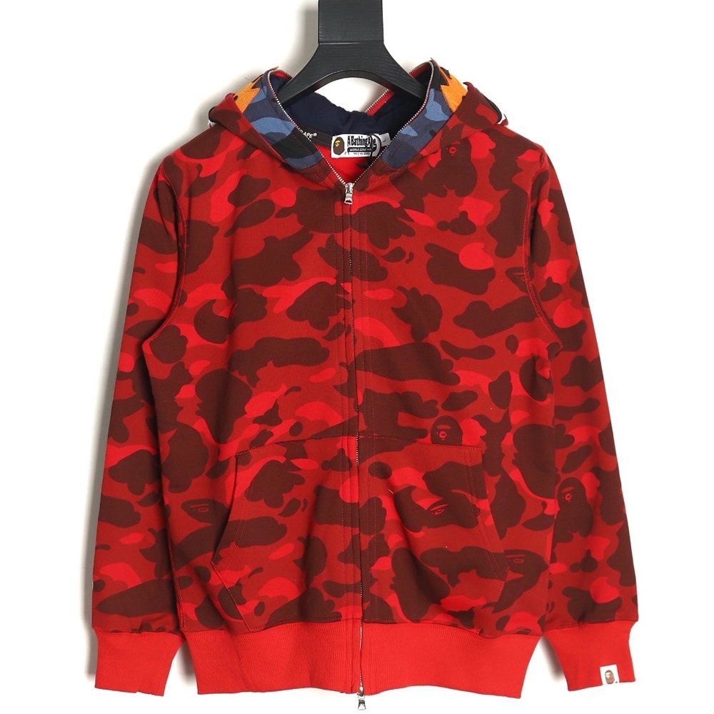 Bape shark head tiger head zipper camouflage double hoodie TSK1,Cheap Replica Reps Bape