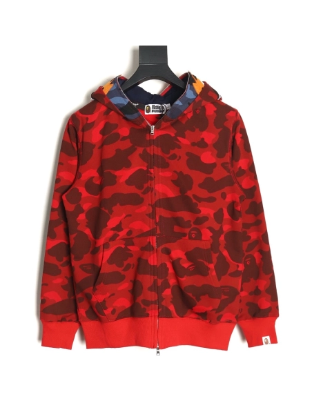 Bape shark head tiger head zipper camouflage double hoodie TSK1,Cheap Replica Reps Bape