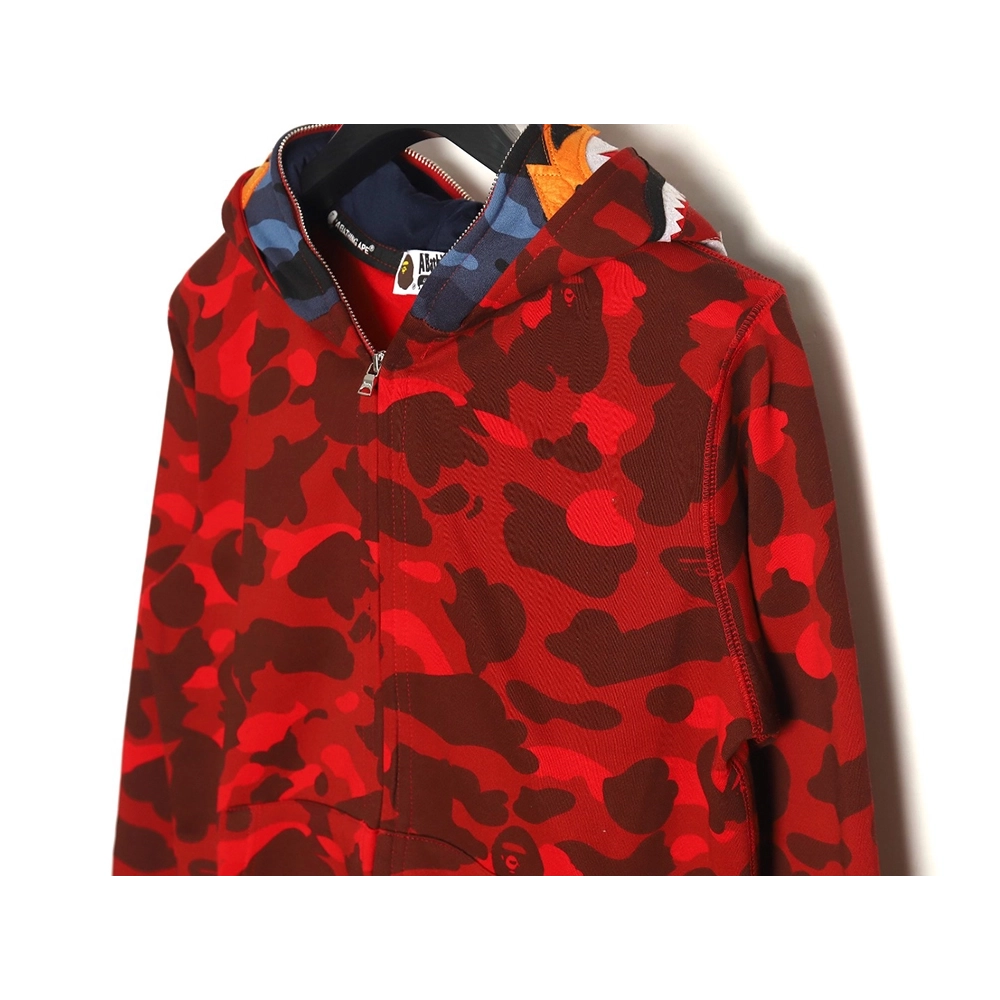 Bape shark head tiger head zipper camouflage double hoodie TSK1,Cheap Replica Reps Bape