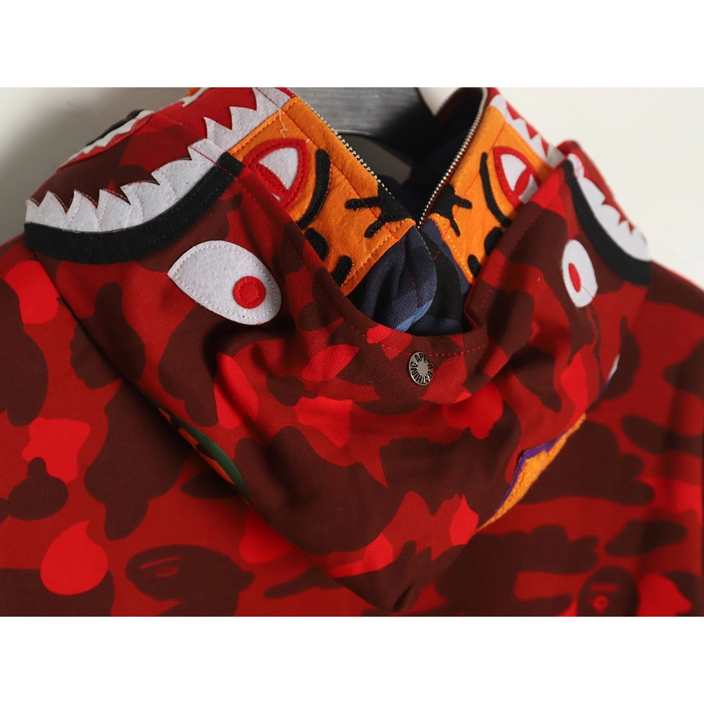 Bape shark head tiger head zipper camouflage double hoodie TSK1,Cheap Replica Reps Bape