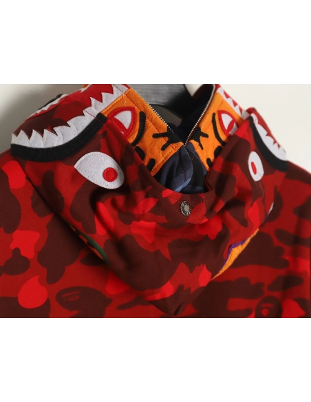 Bape shark head tiger head zipper camouflage double hoodie TSK1,Cheap Replica Reps Bape