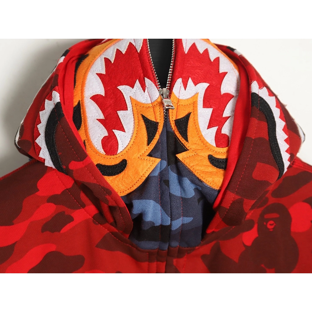 Bape shark head tiger head zipper camouflage double hoodie TSK1,Cheap Replica Reps Bape