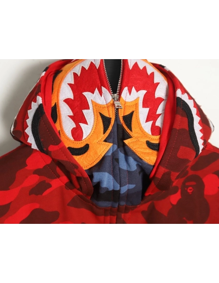 Bape shark head tiger head zipper camouflage double hoodie TSK1,Cheap Replica Reps Bape