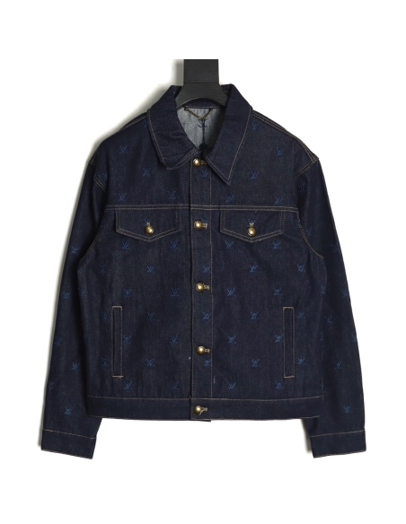 Louis Vuitton Logo Embroidered Blue Denim Jacket,Louis Vuitton Jacket,Jacket,APPAREL