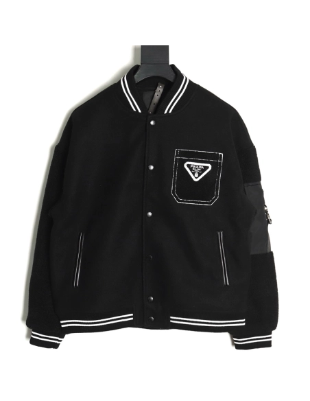 Prada lambswool patchwork baseball jacket,Prada Jacket,Jacket,APPAREL