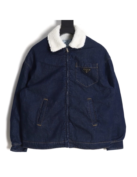 Prada denim lambswool lapel jacket,Prada Jacket,Jacket,APPAREL