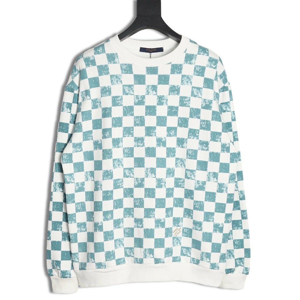 Louis Vuitton White and green checkerboard fleece crew neck sweatshirt,Louis Vuitton Sweatshirt,Low Price High quality,legit sel