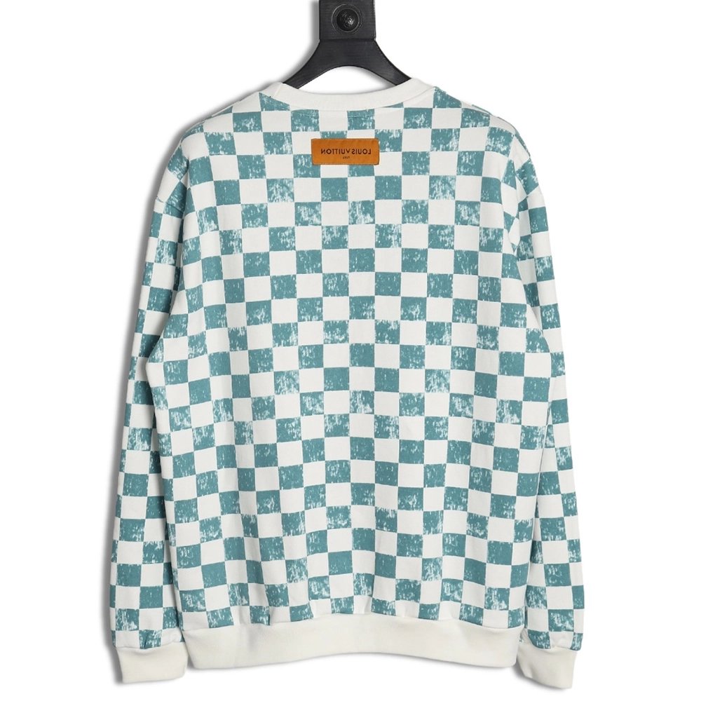 Louis Vuitton White and green checkerboard fleece crew neck sweatshirt,Louis Vuitton Sweatshirt,Low Price High quality,legit sel